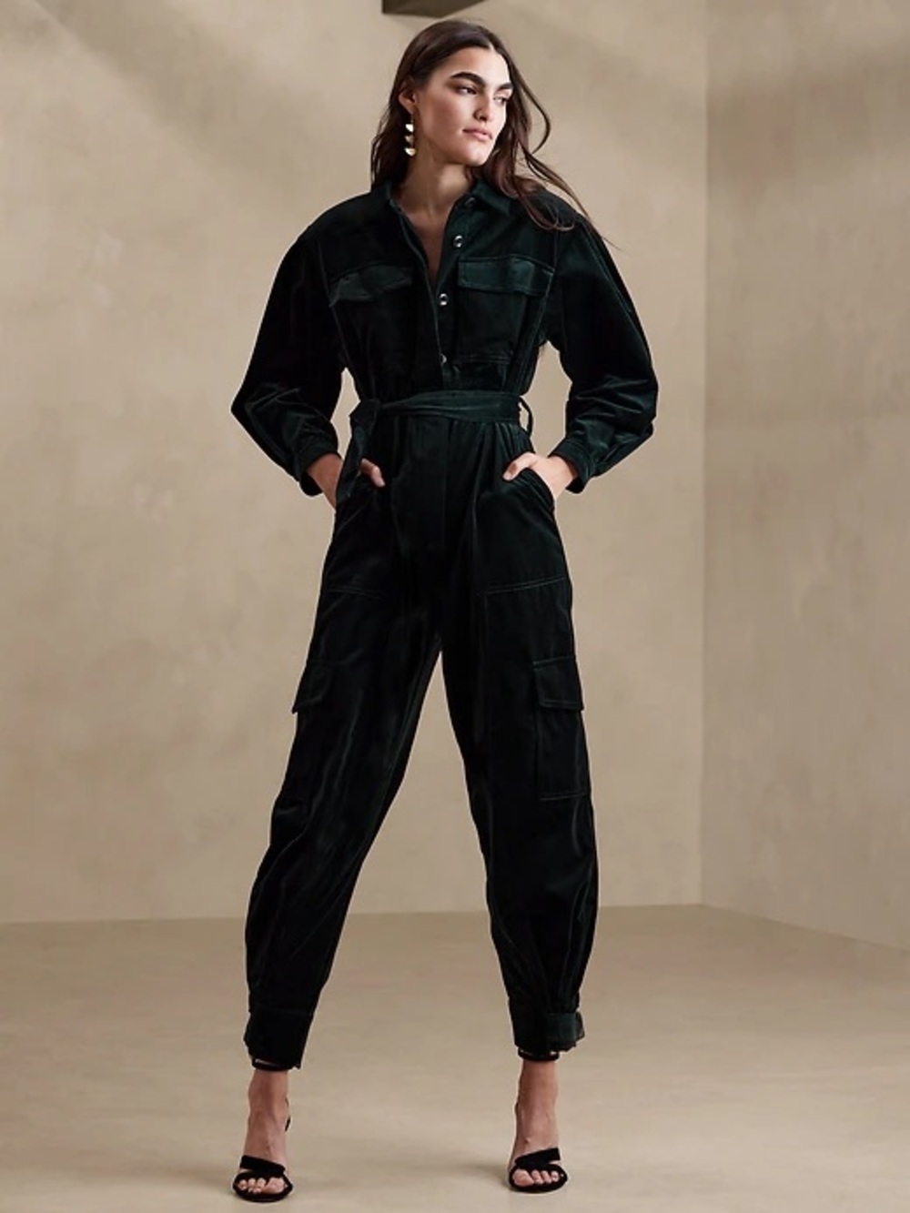 Banana Republic Galactic Green Mia Velvet Jumpsuit Long Sleeve Size Large